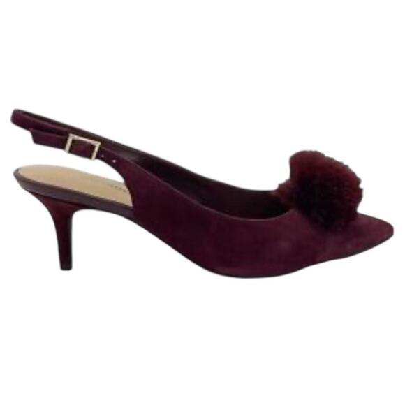 Isaac Mazrahi Live Sling Back Pumps Heels Faux Fur Pom Pom Dark Red Suede Sz 8.5 - Picture 1 of 12